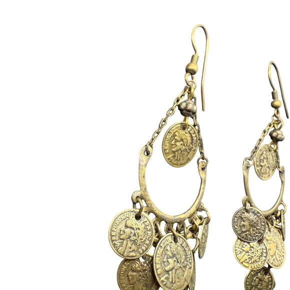 Vintage Coin Dangle Drop Chandelier Earrings Brass Tone Boho Ethnic Retro - Picture 3 of 4